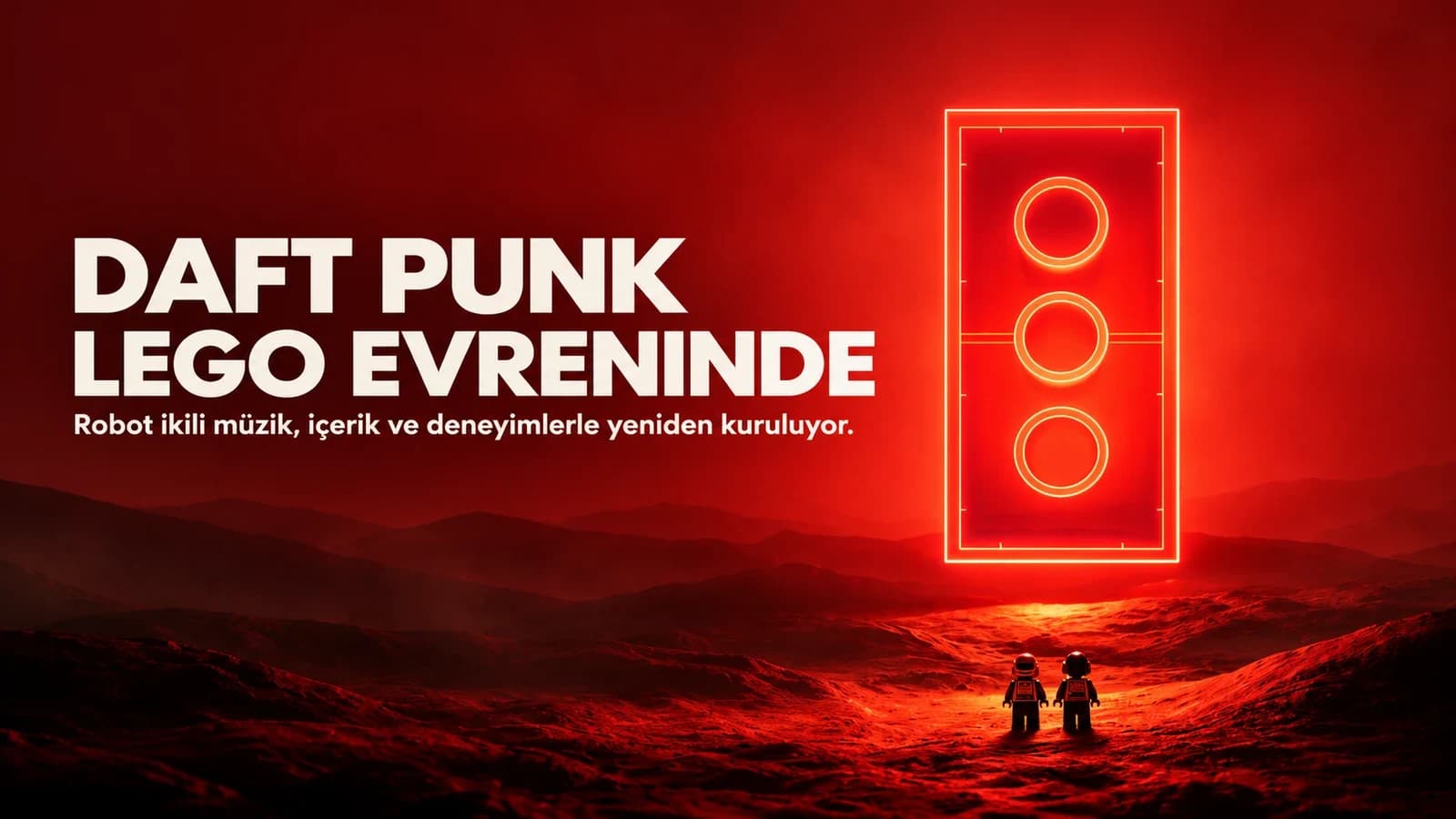 Kırmızı bir LEGO portalına bakan Daft Punk minifigürleri ve Türkçe kapak başlığı