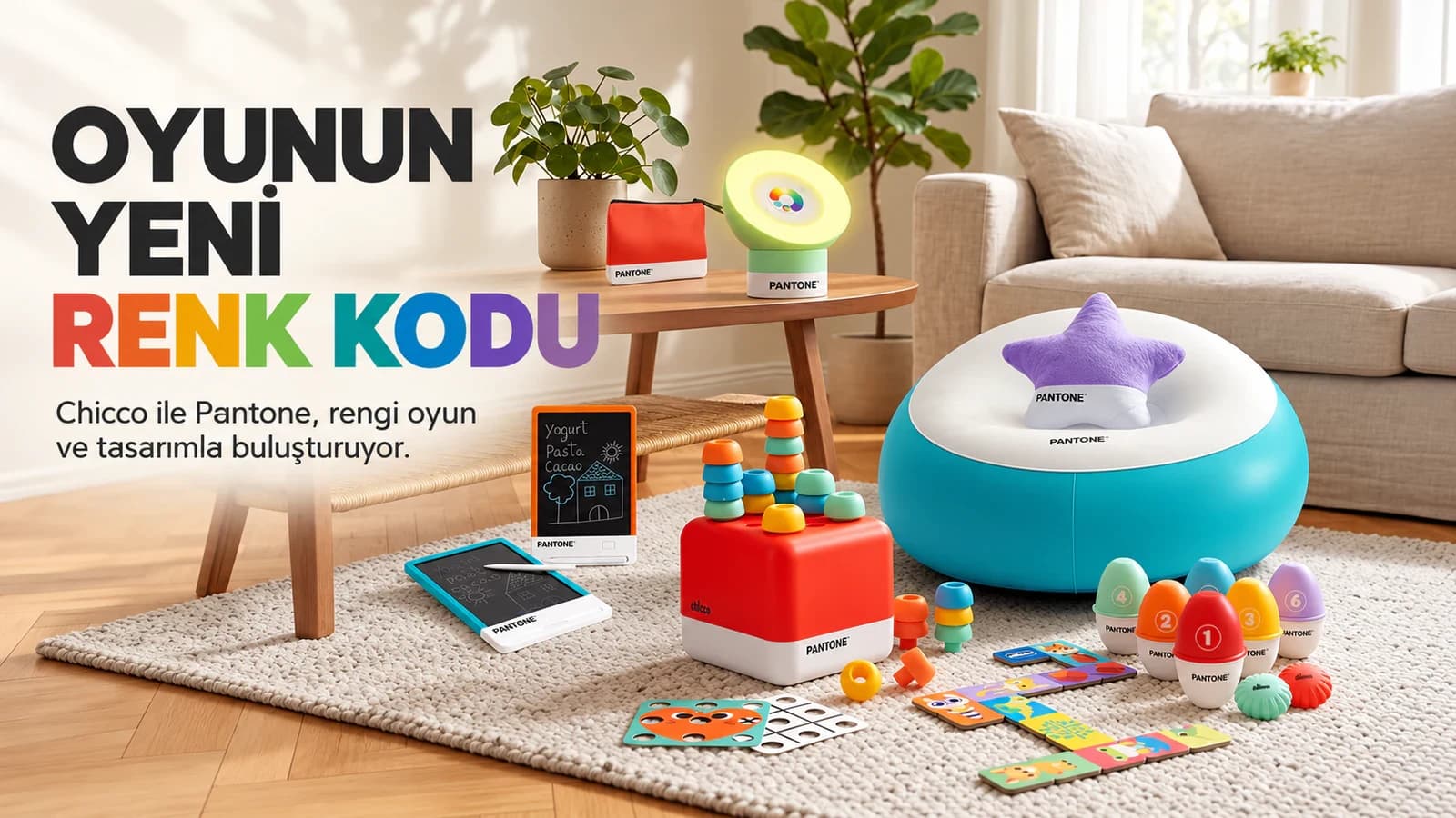 Aydınlık bir salonda Chicco ve Pantone iş birliğine ait lamba, yazı tahtası, oyun küpü, bowling seti ve mavi çocuk koltuğu.