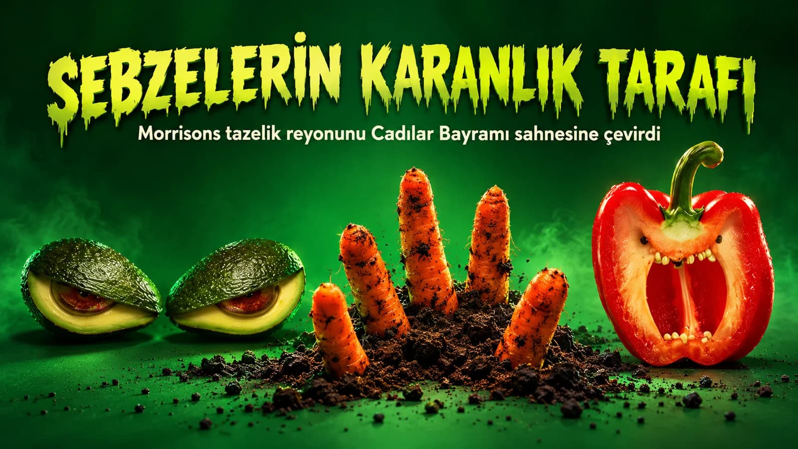 Yeşil fonda canavar gözlerine dönüşen avokadolar, topraktan çıkan havuç parmaklar ve çığlık atan biber