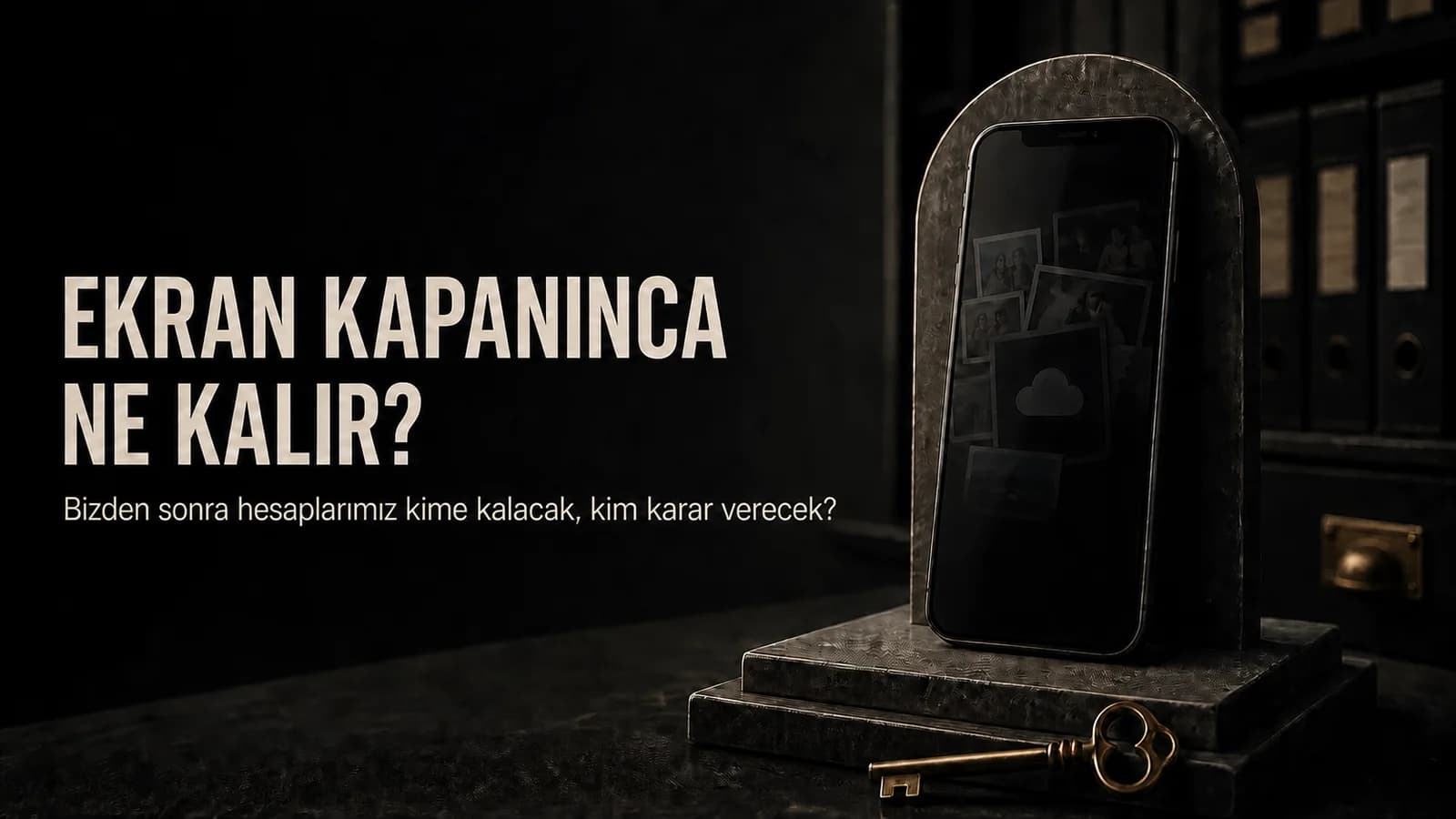 Karanlık bir arşivde mezar taşı formundaki siyah telefon ve önünde duran pirinç anahtar