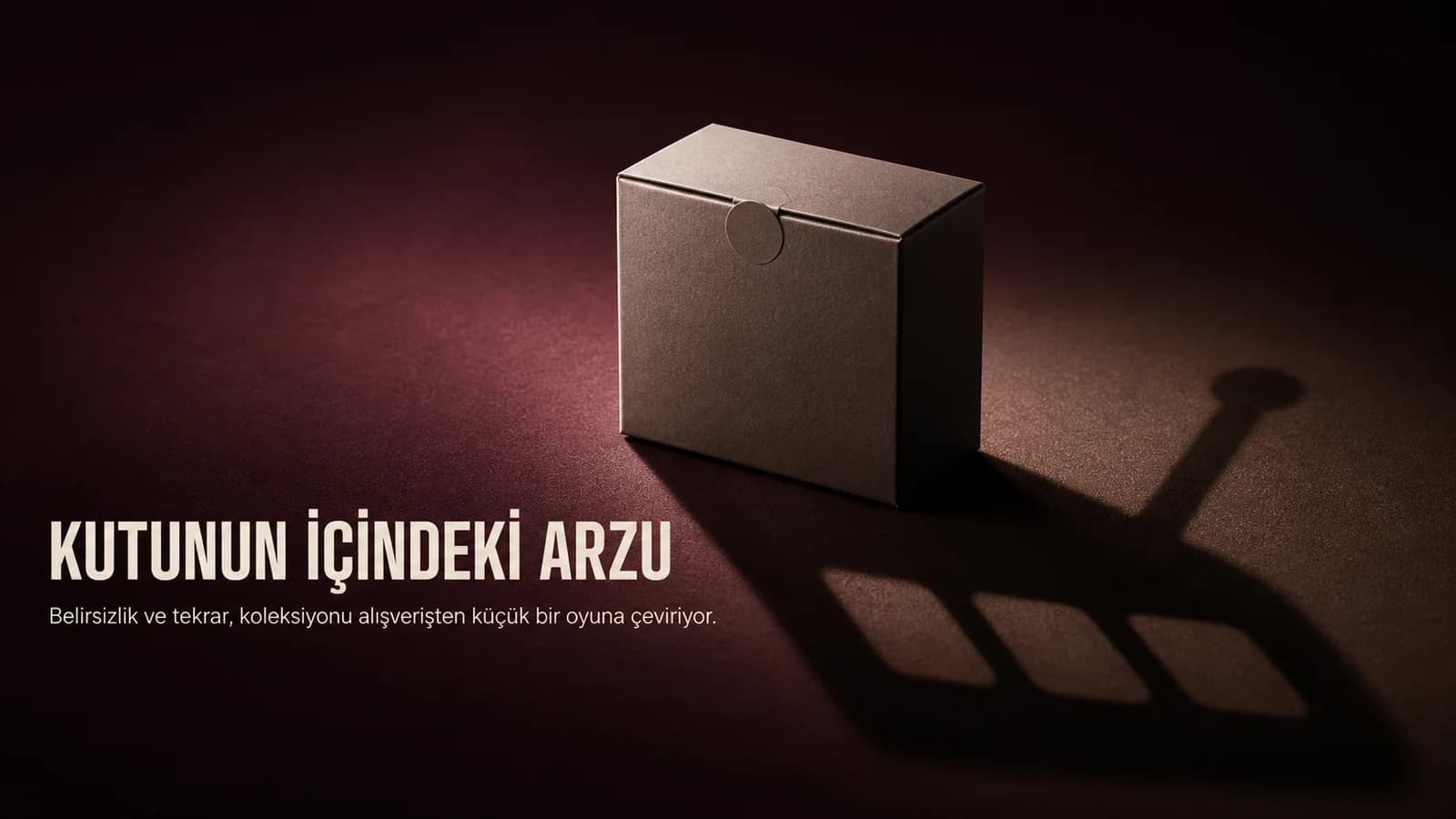 Mühürlü mat kutunun zeminde şans makinesi koluna benzeyen uzun bir gölge oluşturduğu mürdüm tonlu editoryal sahne