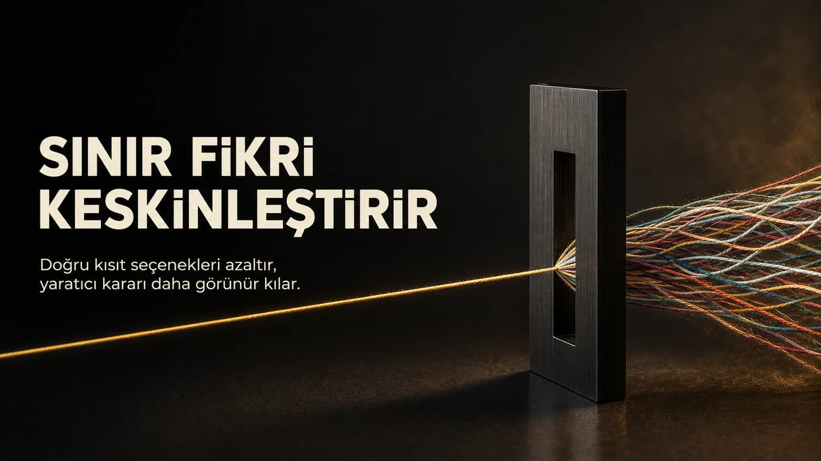 Renkli iplik demetini tek ve keskin altın çizgiye dönüştüren dar siyah metal geçit