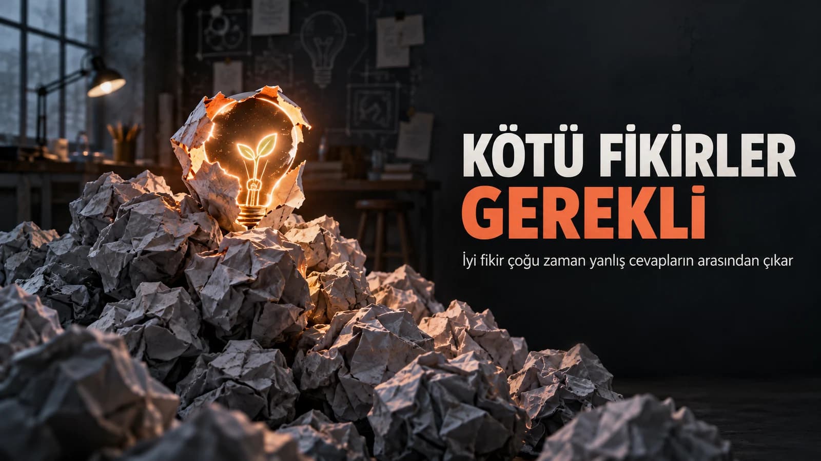 Buruşturulmuş fikir kâğıtlarının arasından ışıklı bir filiz biçiminde yükselen ampul
