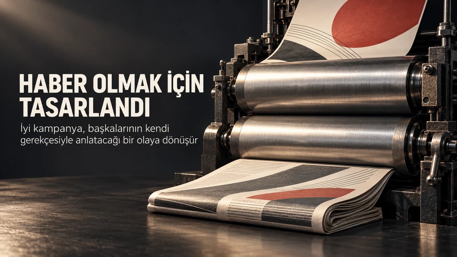 Reklam afişini katlayarak gazeteye dönüştüren metal baskı silindirlerinin bulunduğu editöryal kapak