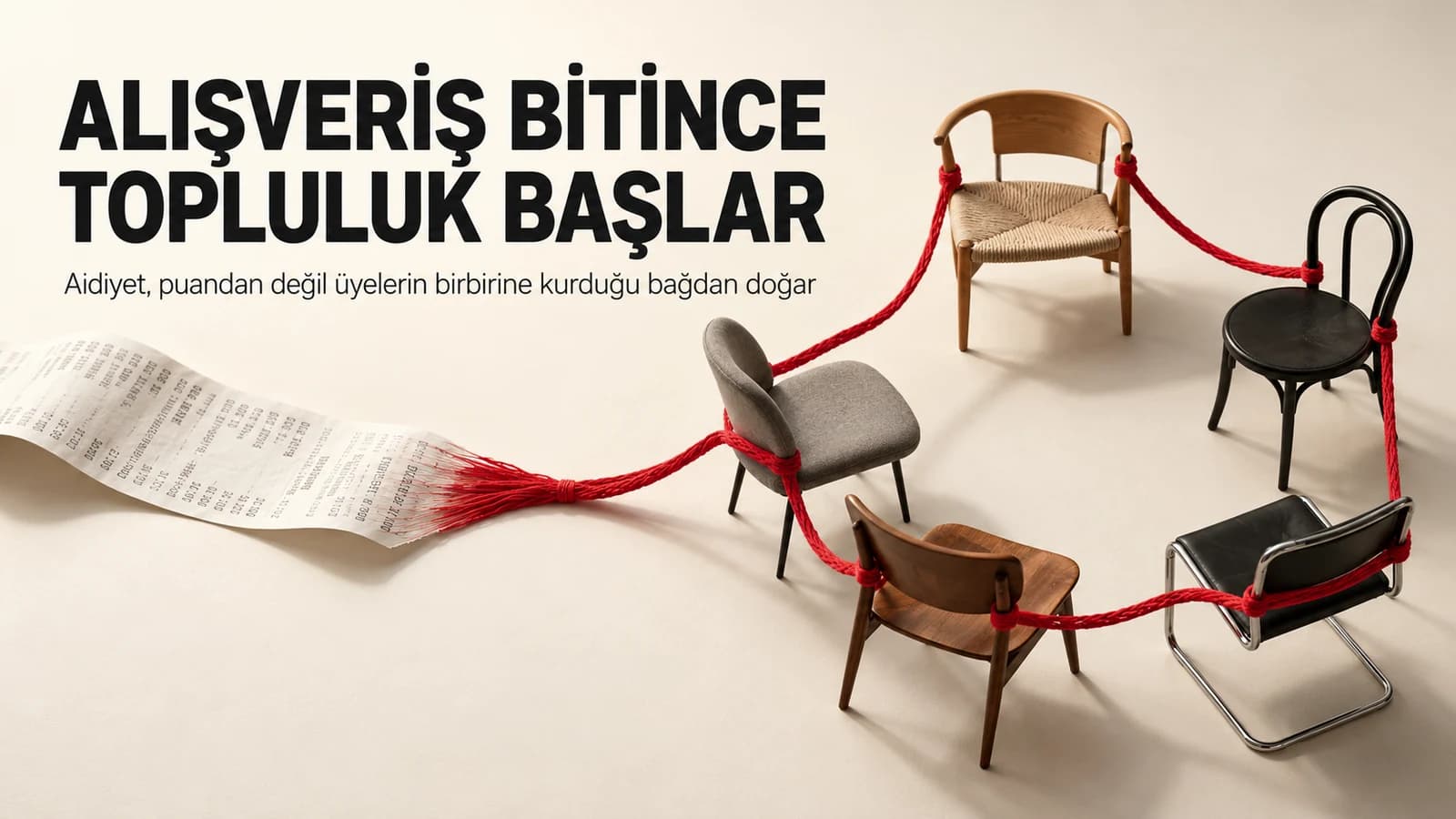 Alışveriş fişinin kırmızı bir iplik ağına dönüşerek farklı sandalyeleri aynı çemberde buluşturduğu editöryel illüstrasyon