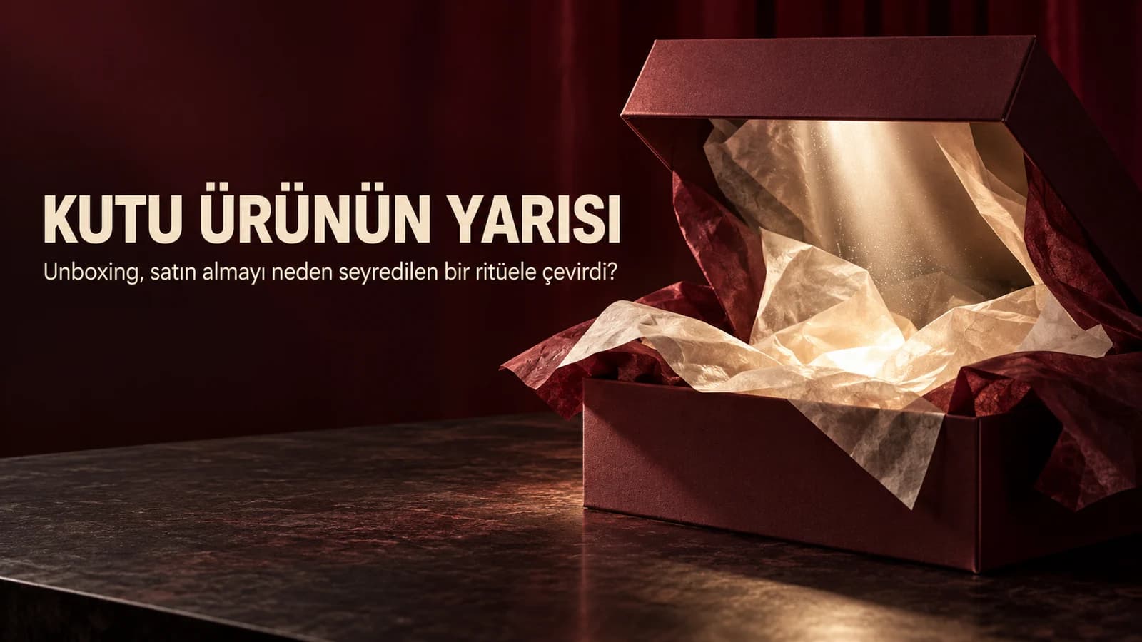 İçinden ışık çıkan bordo bir kutu ve katmanlı kâğıtlarla hazırlanmış premium editöryal kapak
