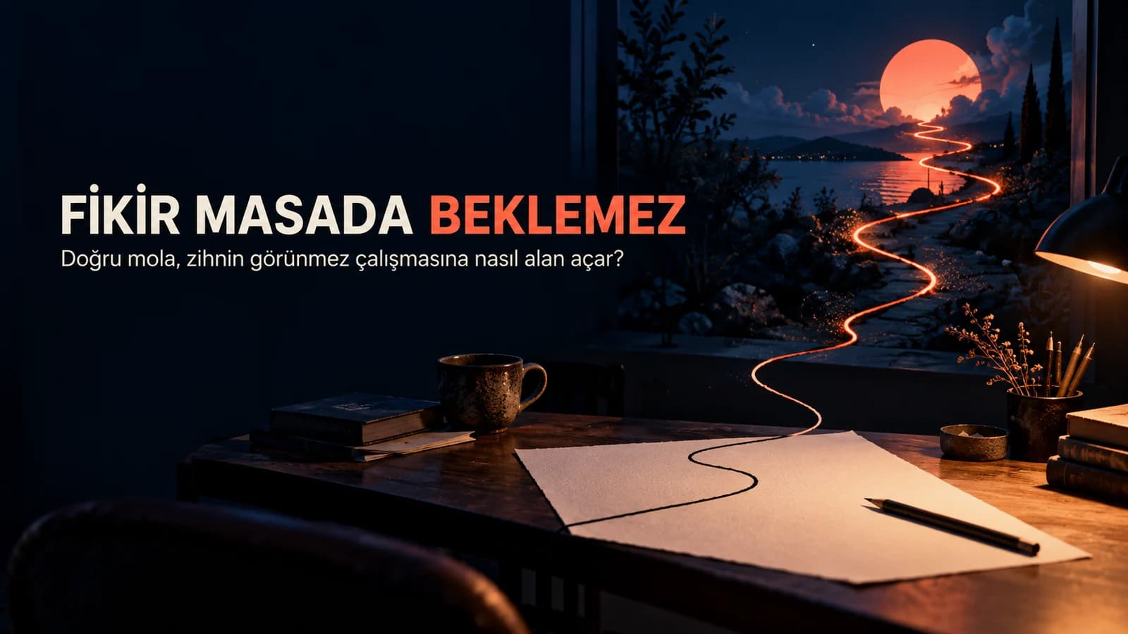 Boş yaratıcı masa ile gecenin içinde kıvrılarak uzaklaşıp geri dönen ışıklı çizgiyi gösteren premium editöryal kapak