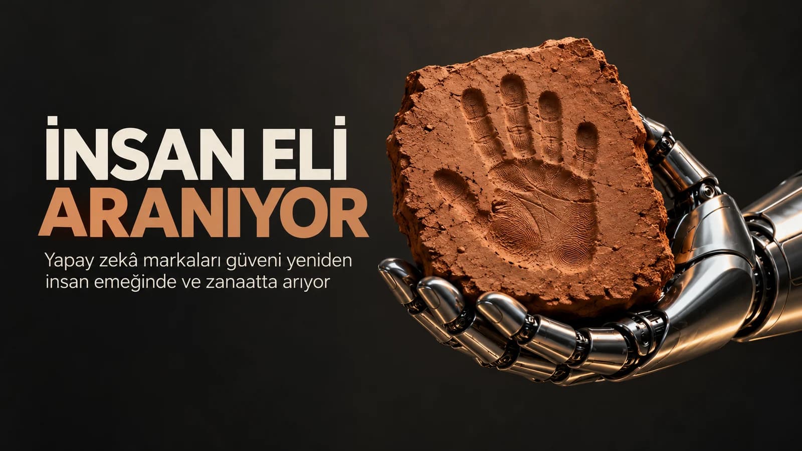 Robot elin tuttuğu parmak izli kil levha ve İnsan Eli Aranıyor başlıklı kapak