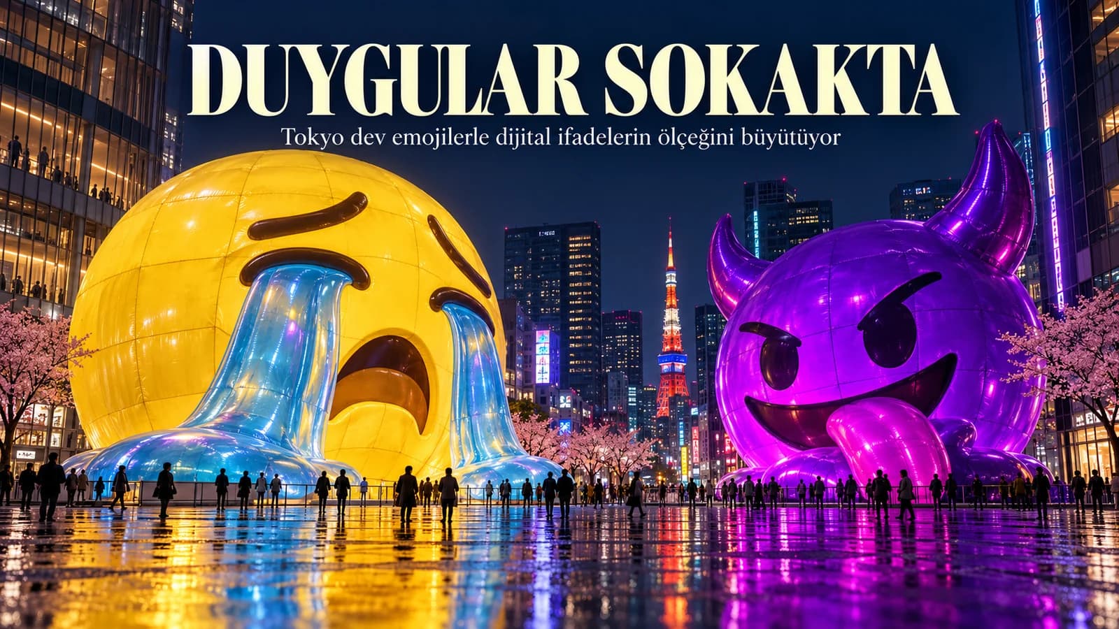 Tokyo gecesinde dev sarı ve mor şişme yüzleri gösteren Duygular Sokakta başlıklı kapak