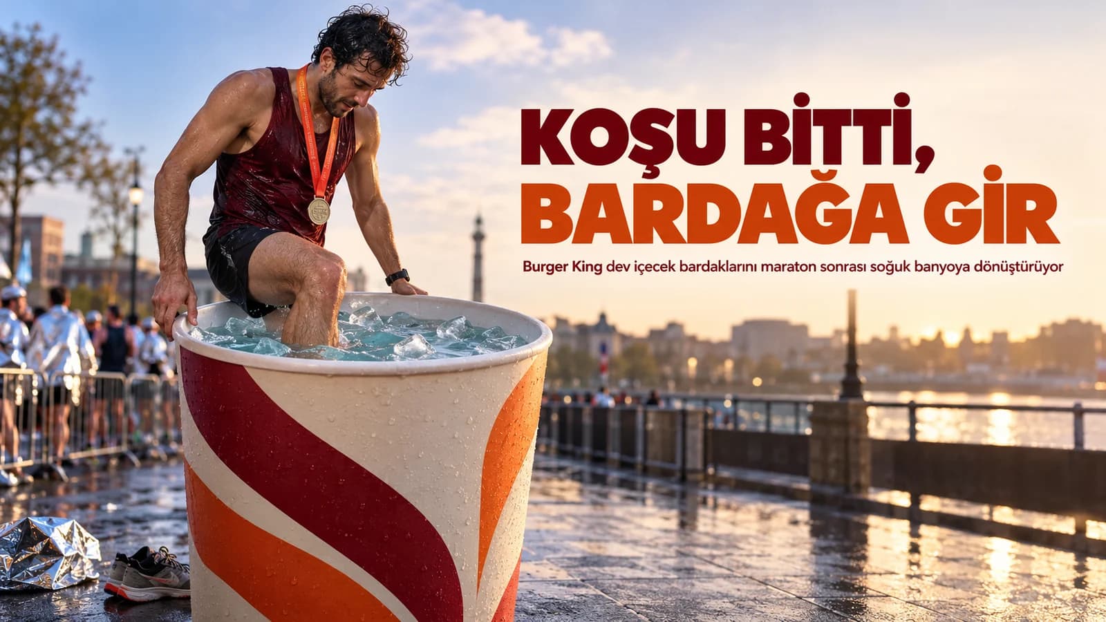 Dublin Maratonu sonrasında dev bir içecek bardağını andıran soğuk banyoya giren madalyalı koşucu