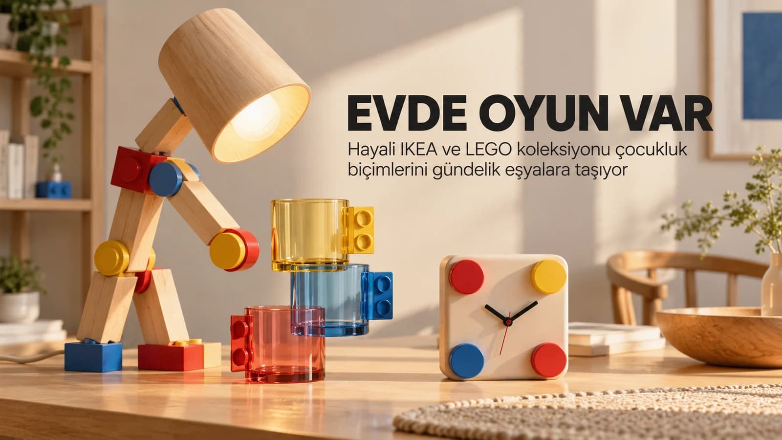 Yapı parçalarını andıran renkli detaylara sahip ahşap lamba, bardaklar ve çalar saat