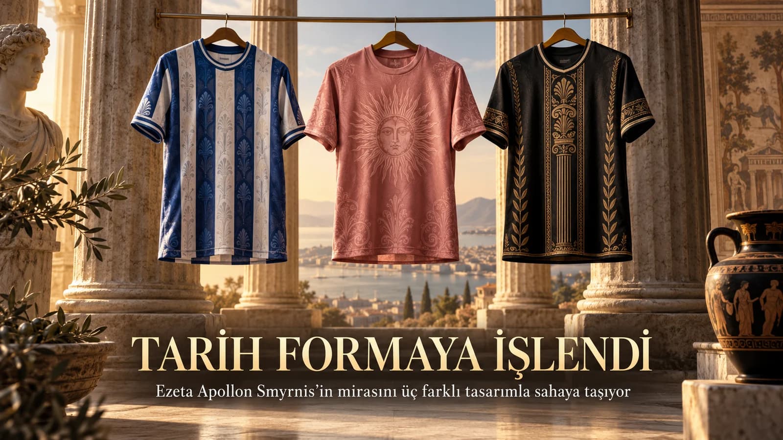 Yunan sütunları arasında asılı mavi beyaz, pembe ve siyah altın üç futbol forması