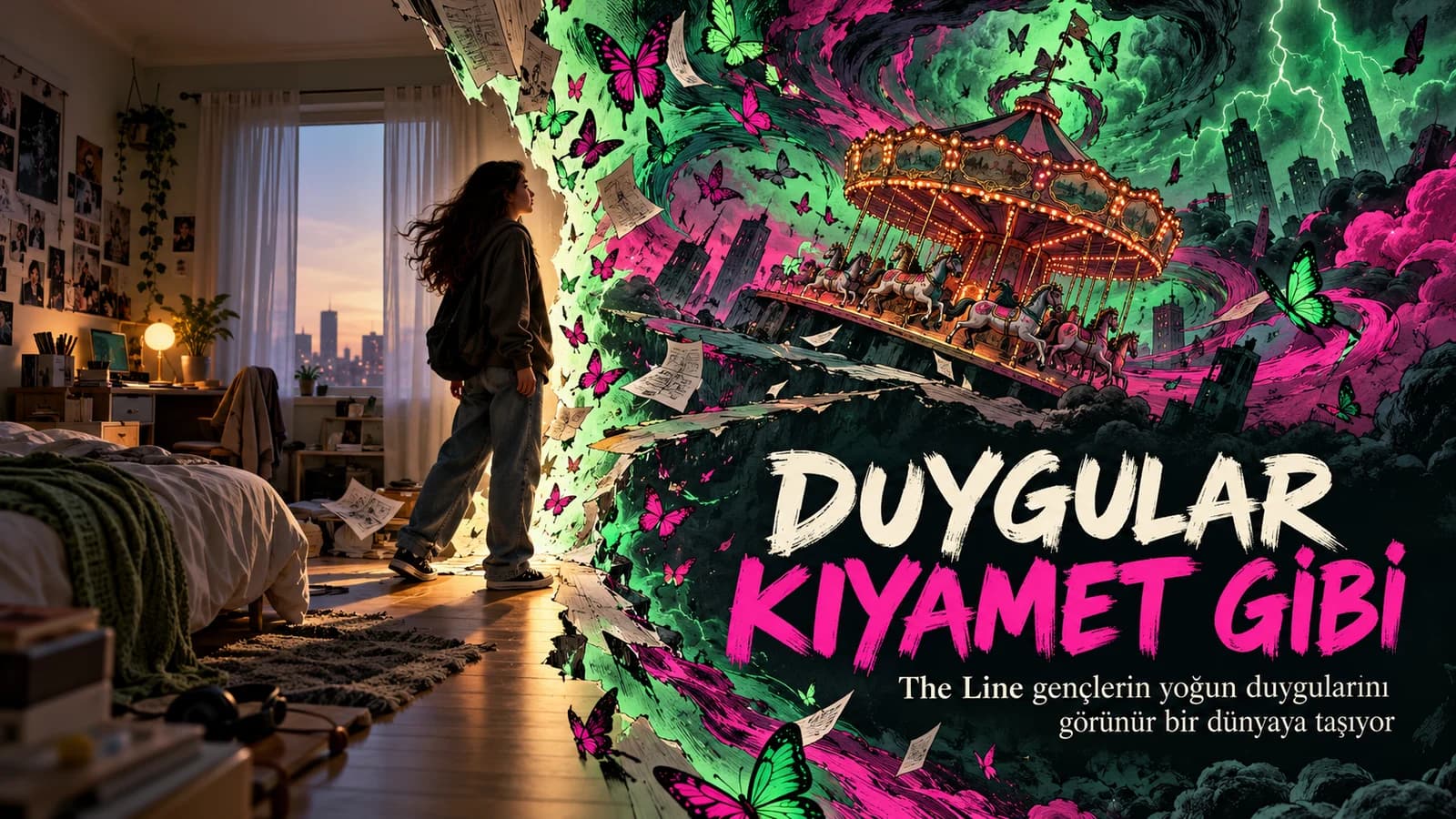 Sakin bir genç odasını yaran renkli çizgi roman kıyameti ve atlıkarınca