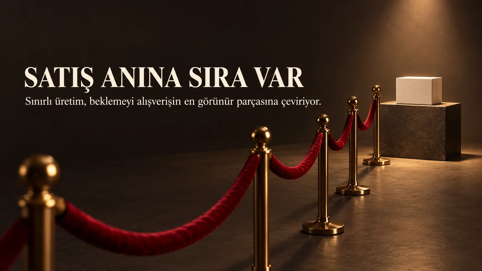 Karanlık stüdyoda kırmızı kadife halatla çevrili sade bir kutuya uzanan boş kuyruk