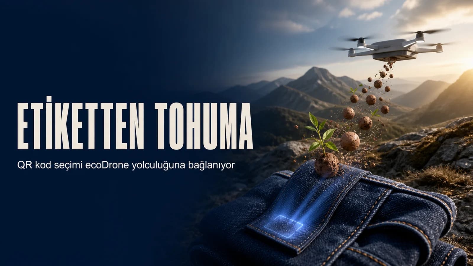Mavi ürün etiketindeki QR kodun ecoDrone tohumlama yolculuğuna dönüştüğünü anlatan kapak görseli