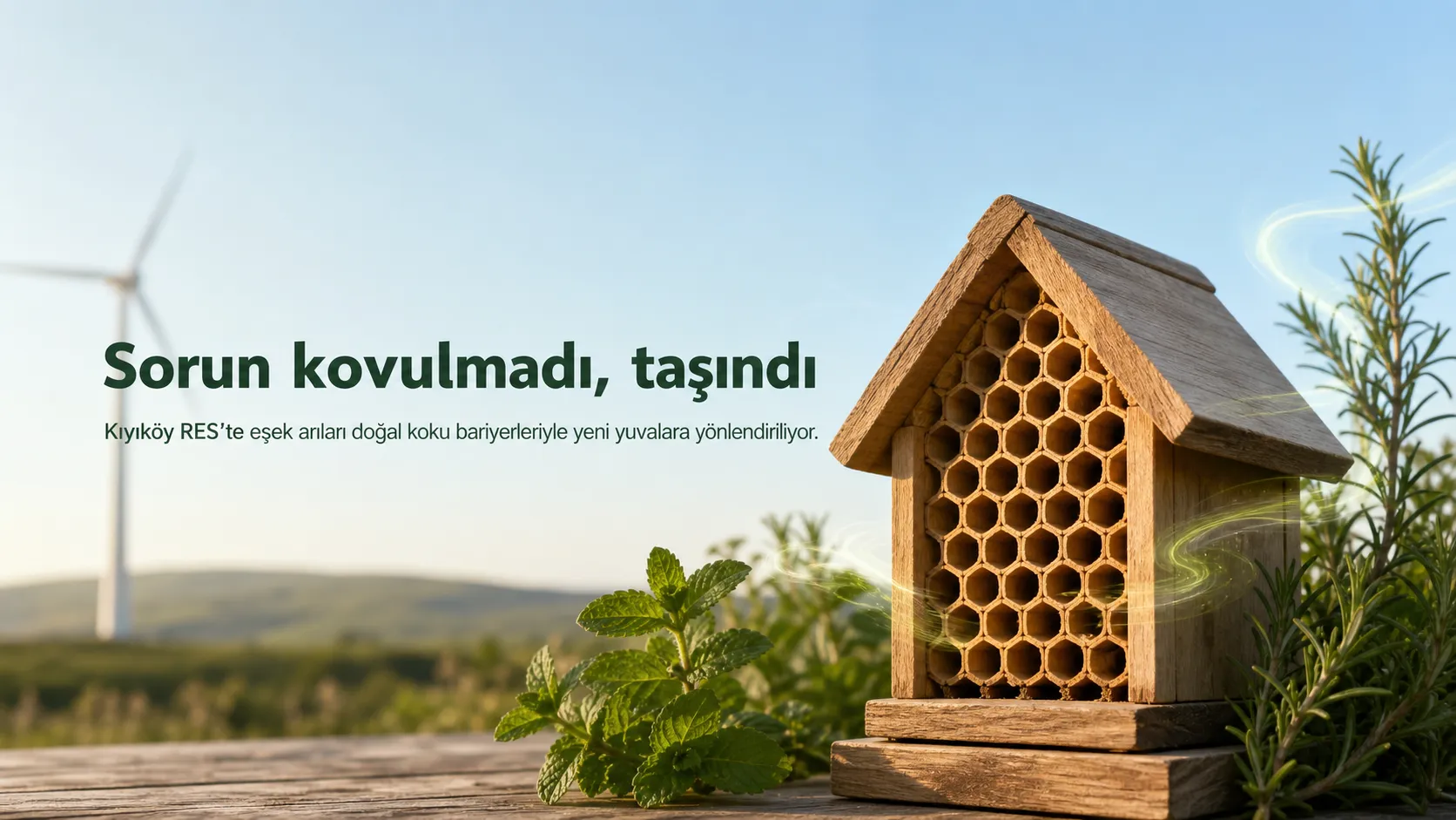Rüzgâr türbini önünde, nane ve biberiye ile çevrili geri dönüştürülmüş ahşap arı oteli kapak görseli