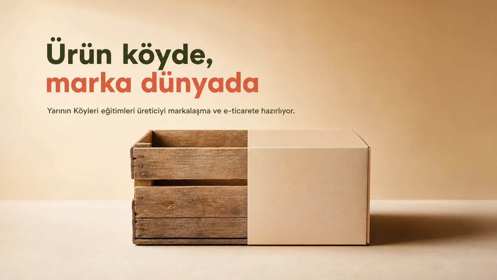 Rustik ahşap pazar kasasının modern ve etiketsiz e-ticaret paketine dönüştüğü kapak görseli