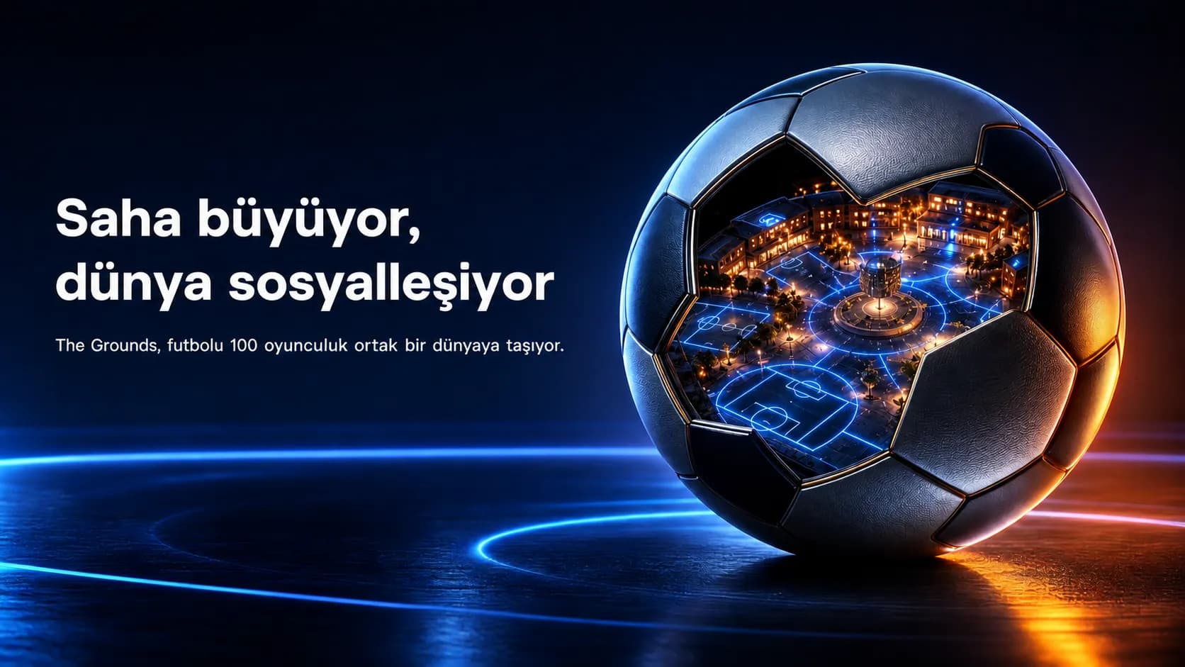 Panelleri açılarak içinden ışıklı bir sosyal futbol meydanı çıkan gece mavisi futbol topu kapak görseli