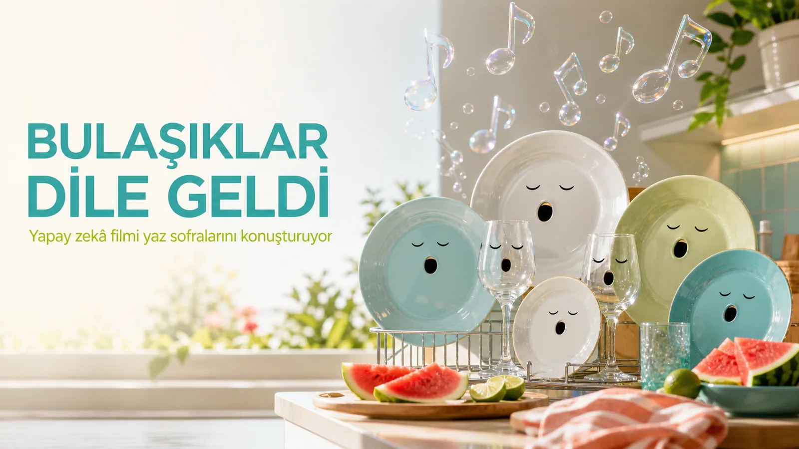 Yaz mutfağında müzik notası biçimli baloncuklarla şarkı söyleyen tabak ve bardaklar