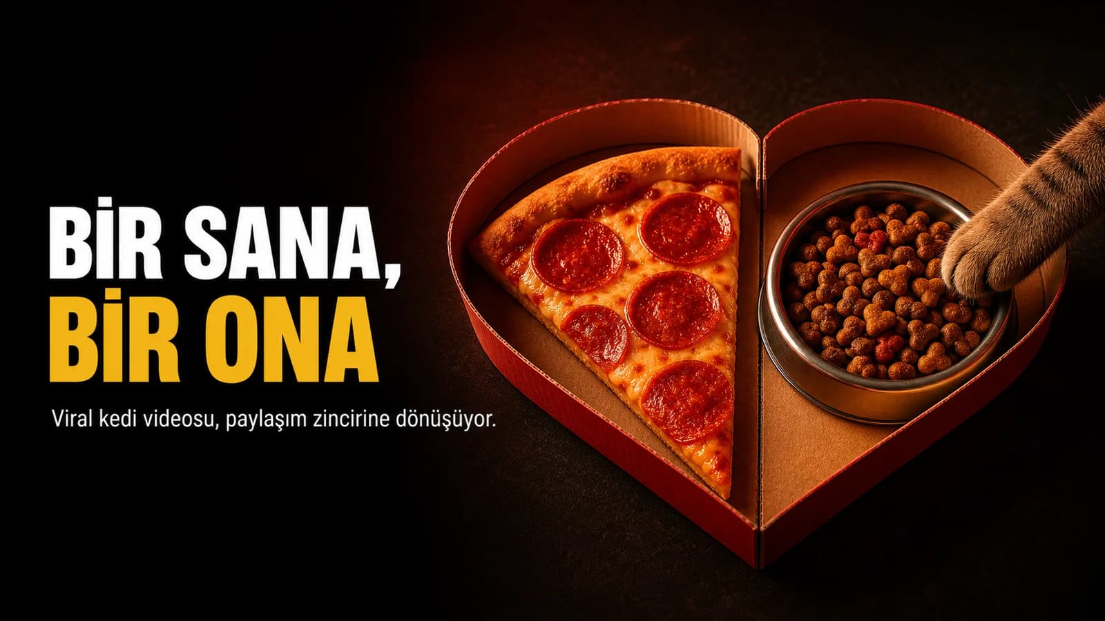 Kalp biçimli kutuda pizza dilimi ile kedi mamasını yan yana gösteren editoryal kapak