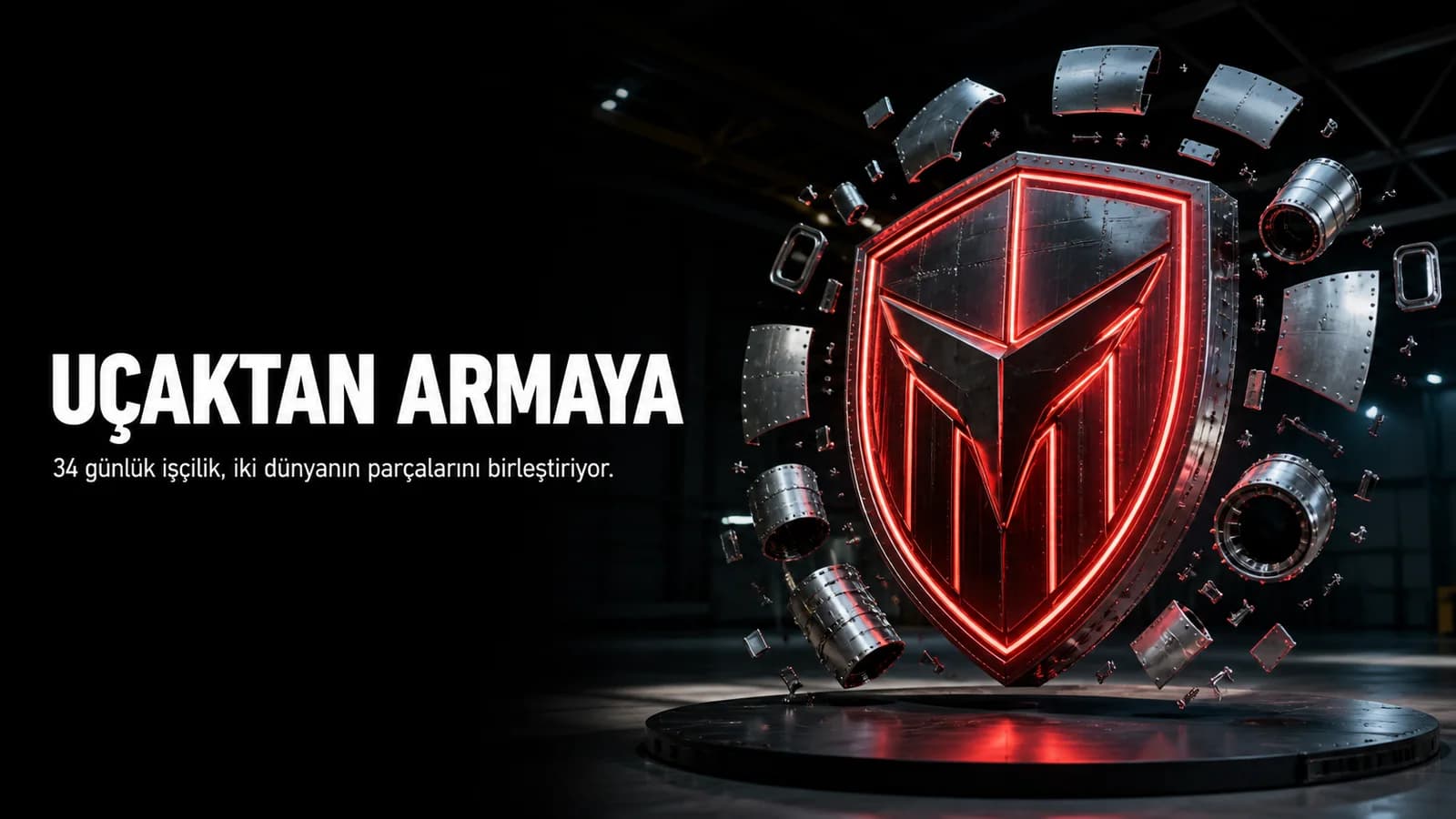 Uçak metal parçalarının ışıklı kırmızı bir armaya dönüştüğü endüstriyel editoryal kapak