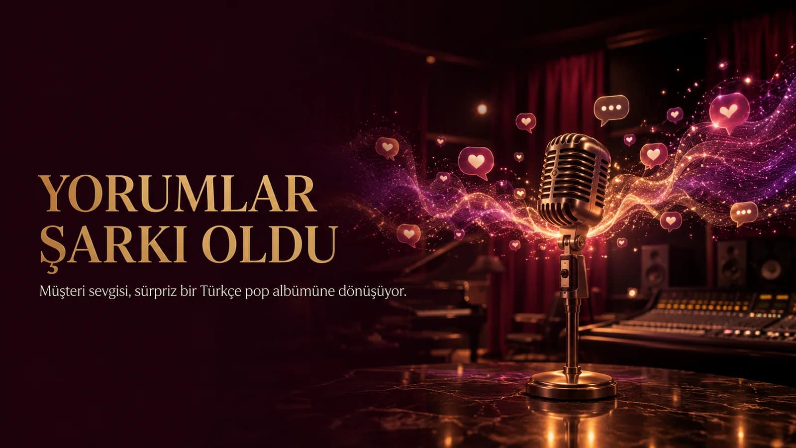 Müşteri yorumlarının ses dalgalarına dönüştüğü kayıt stüdyosunu gösteren editoryal kapak