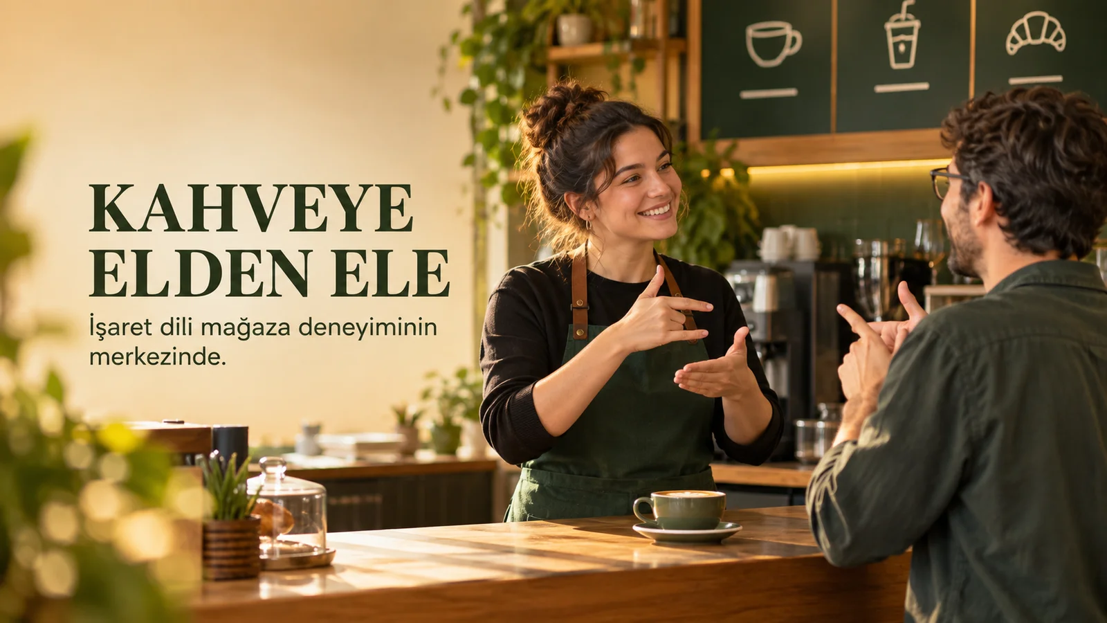 Kahve tezgâhında işaret diliyle iletişim kuran iki kişiyi gösteren erişilebilir mağaza temalı editoryal kapak