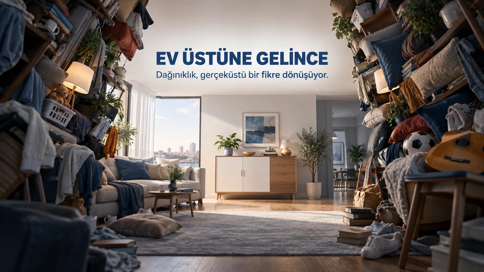 Dağınık eşyaların iki yandan sıkıştırdığı salonda düzenli depolama alanını gösteren editoryal kapak