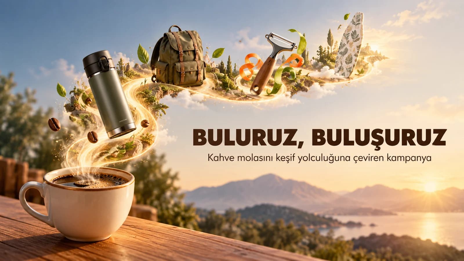 Buluruz Buluşuruz başlığıyla kahve fincanından çıkan farklı ürünleri gösteren kapak görseli