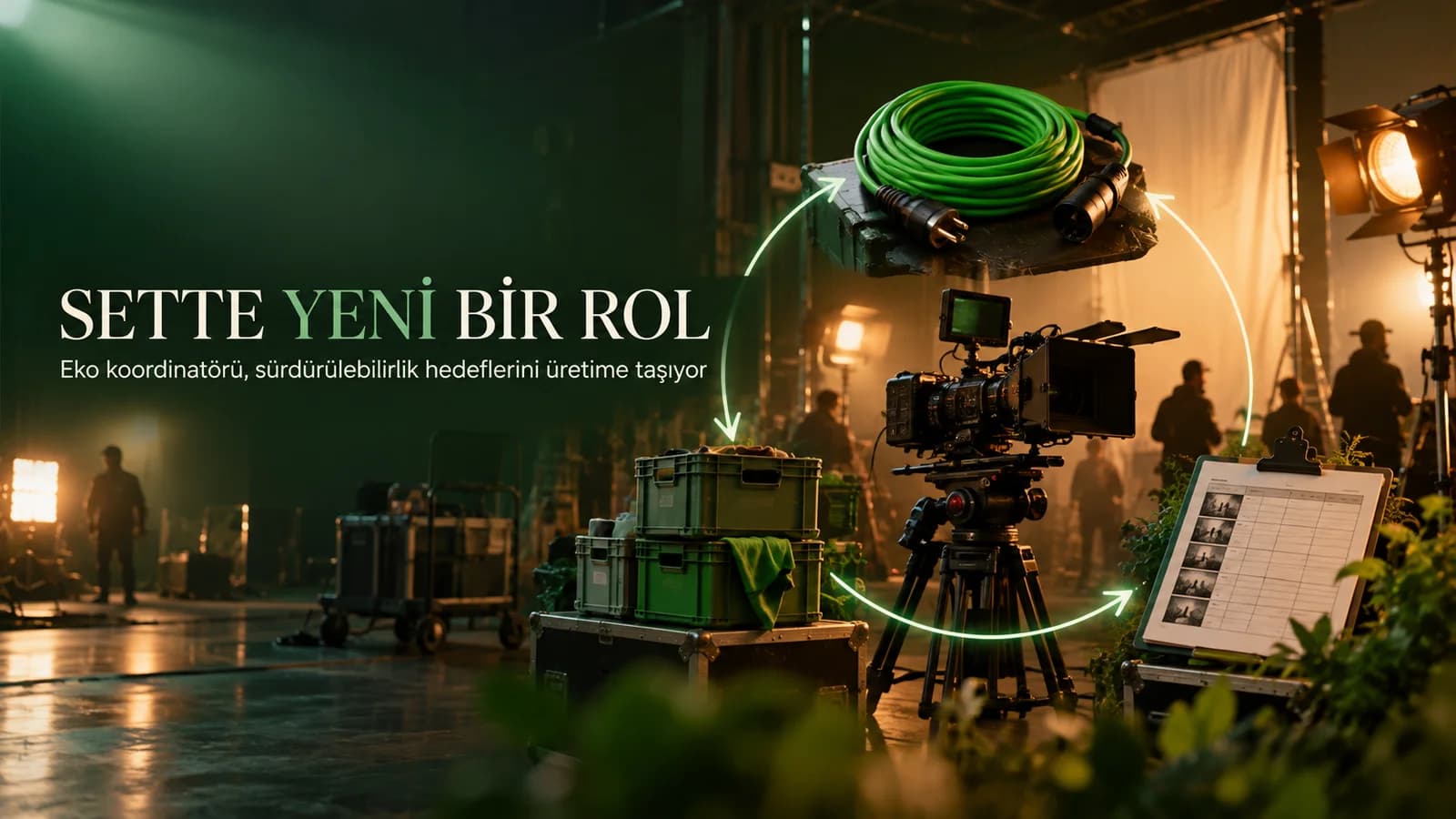 Film setinde kamera, yeşil güç kablosu ve yeniden kullanılabilir kasalar etrafında kurulan döngü