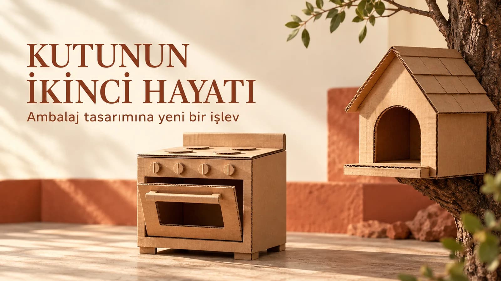 Bir kutudan oyuncak fırın ve küçük barınak biçimlerinin çıktığı, Kutunun İkinci Hayatı başlıklı editoryal kapak