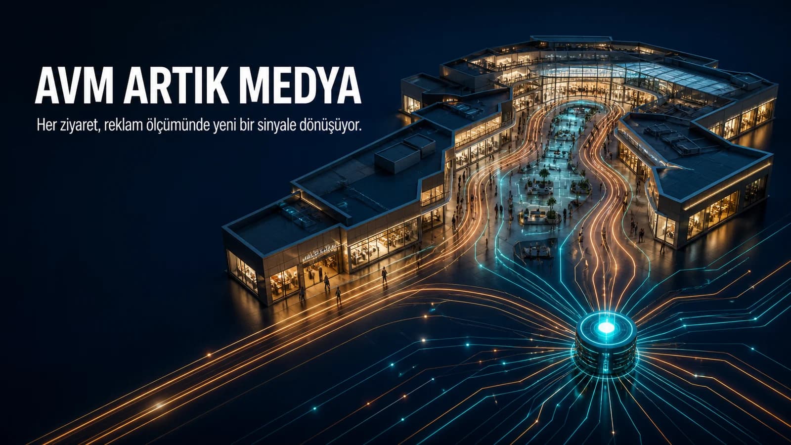 Koyu zemindeki alışveriş merkezi koridorlarından çıkan ışıklı ziyaret yolları tek bir veri düğümünde birleşiyor