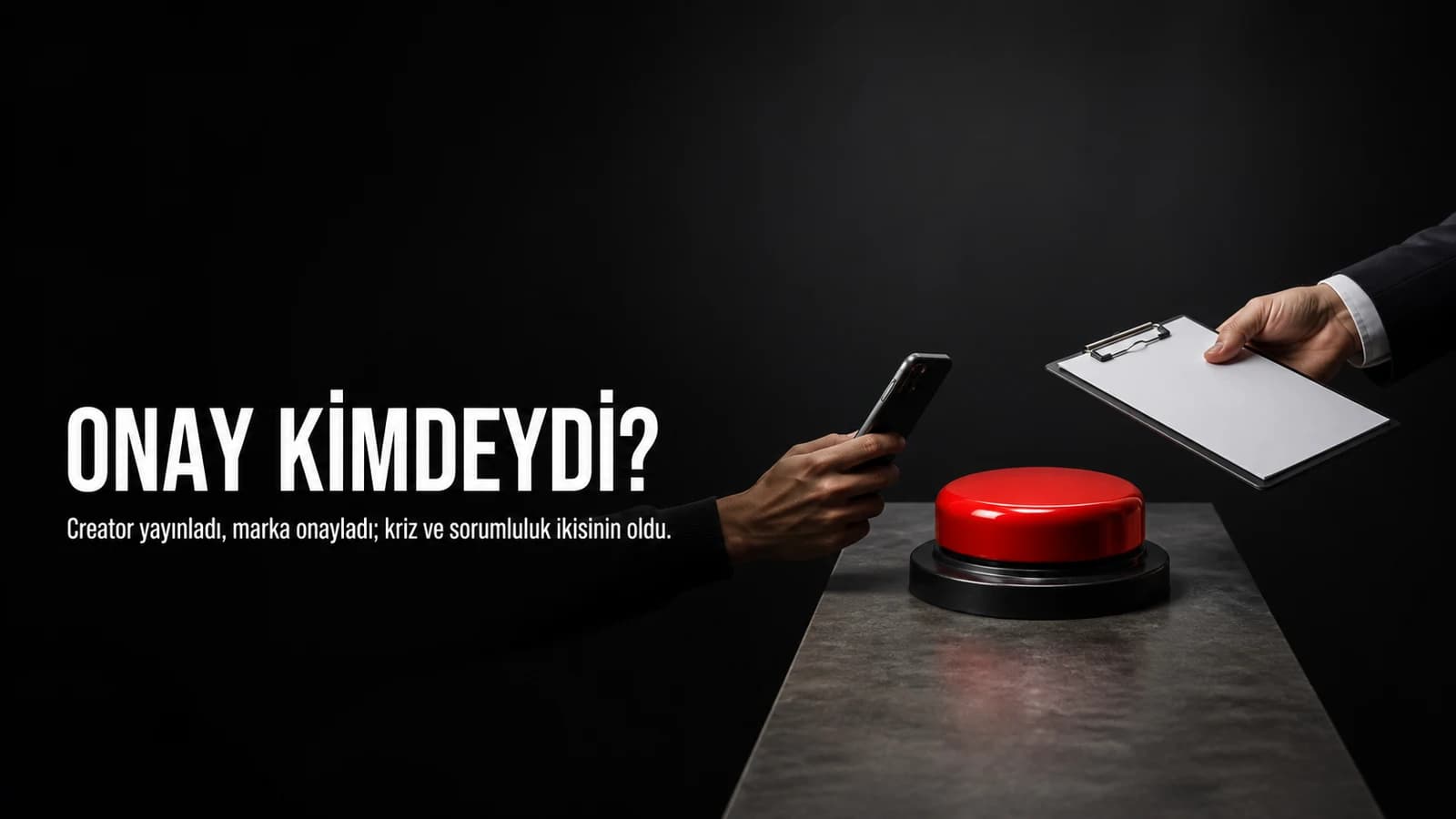 Kırmızı bir onay düğmesine telefon ve kurumsal dosyayla iki taraftan uzanan eller