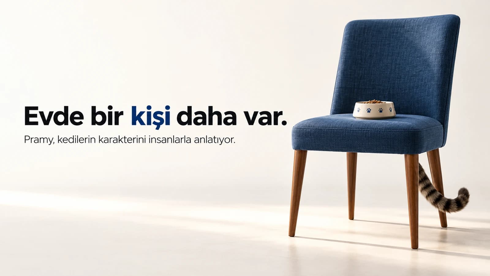 Mavi yemek sandalyesinin üzerinde kedi mama kabı ve sandalyenin yanında kedi kuyruğu; evde bir aile üyesi olarak kediyi anlatan editoryal illüstrasyon.